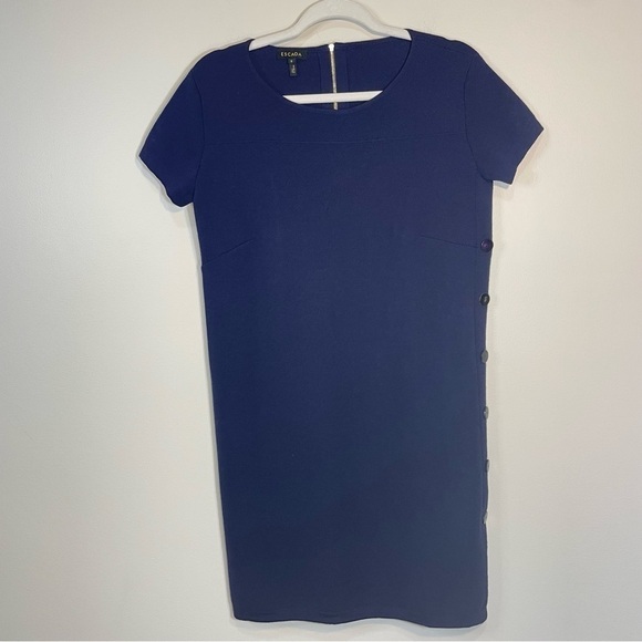 Escada Navy Blue Short Crew Crewneck Shift Dress Side Buttons Size Womens Small - Picture 1 of 9